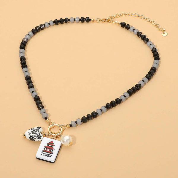 Mahjong Tile Charm Pearl Floral Bead Ball Charm Pendant Beaded Necklace: Gold,Ivory