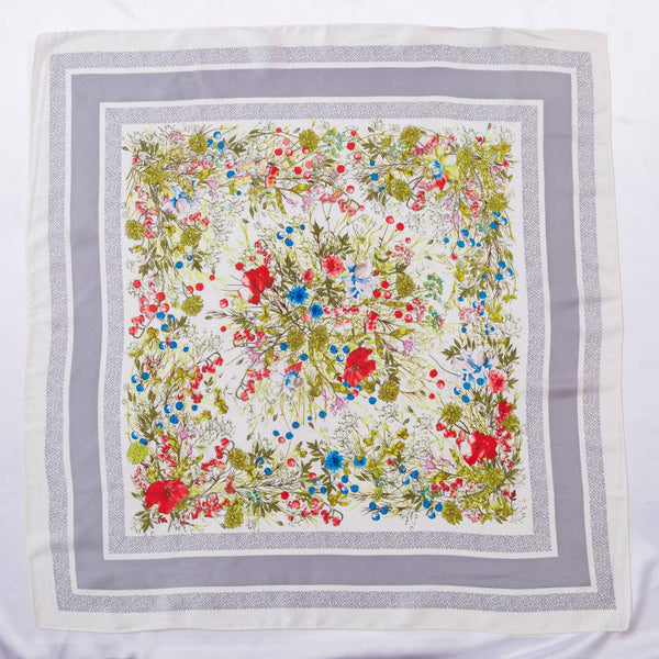 FLOWER SILKY BANDANA SQUARE NECK SCARF, DS 31165: GRY - Lulu Bella Boutique