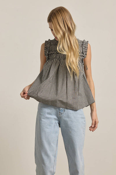 GINGHAM RUFFLE BLOUSE - RT1037: Black / S-M-L (3-2-1) - Lulu Bella Boutique