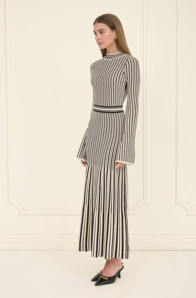 STRIPE LONG SLEEVE SWEATER PLEATED MIDI DRESS: Black IVORY XS