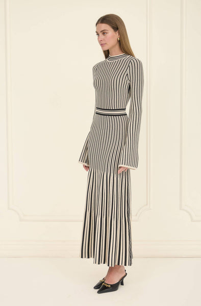 STRIPE LONG SLEEVE SWEATER PLEATED MIDI DRESS: BLACK IVORY - Lulu Bella Boutique