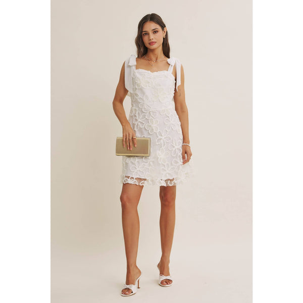 PARIS EVENING LACE FLORAL EMBROIDERY MINI WITH SHOULDER TIE: CREAM / S - Lulu Bella Boutique