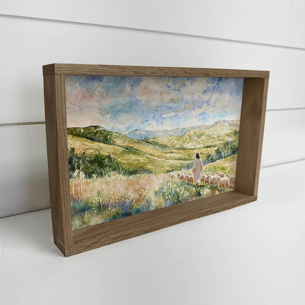 Jesus Christ and Sheep on Green Hills - Farmhouse Bedroom : 18x24" Large Canvas Art with Thick Wood Frame