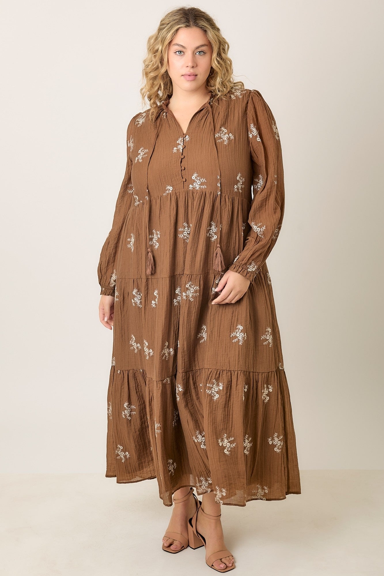 Embroidered Tiered Maxi Dress, Extended Sizes Brown / 2X Embroidered Tiered Maxi Dress, Extended Sizes Brown / 2X