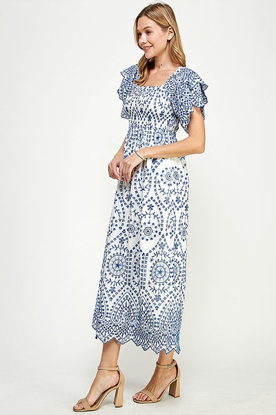 Embroidery Smocking Midi Dress - Lulu Bella Boutique