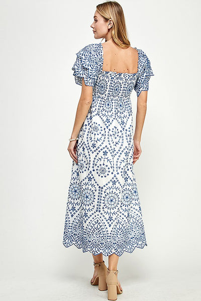 Embroidery Smocking Midi Dress - Lulu Bella Boutique