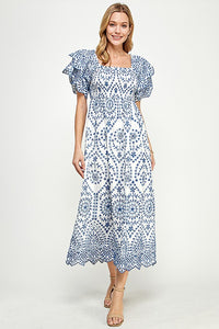 Embroidery Smocking Midi Dress - Lulu Bella Boutique