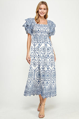 Embroidery Smocking Midi Dress