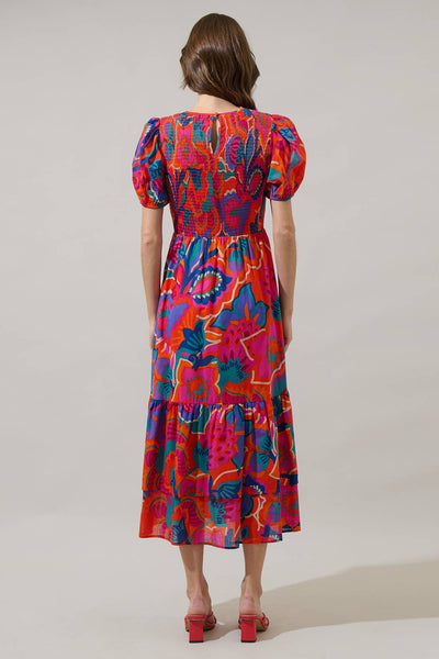 Kahlia Tropics Aruba Smocked Midi Dress: Red Multi / S - Lulu Bella Boutique
