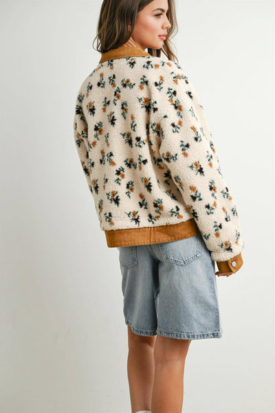 Floral Sherpa Fleece Snap Jacket with Twill Trim: CREAM / CAMEL