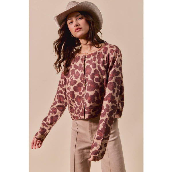 LEOPARD PRINT BUTTON UP SWEATER CARDIGAN: LEOPARD