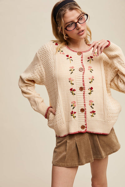 Floral Embroidered Button-Up Cardigan: Ecru
