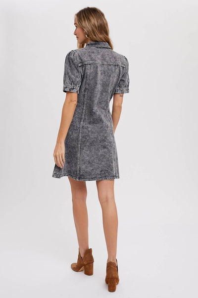 BUTTON UP DENIM DRESS: WASHED BLACK