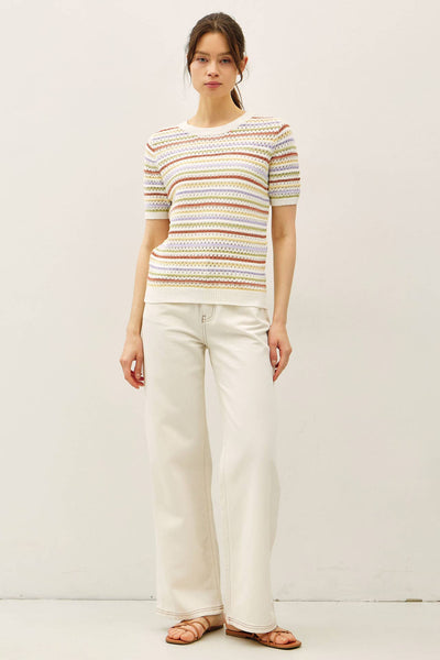 MULTI COLOR STRIPE SHORT SLEEVE TEXTURED SWEATER  : DENIM / S - Lulu Bella Boutique