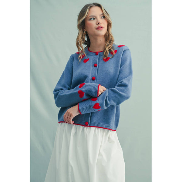 HEART DETAIL BUTTON-UP SWEATER TOP: M.BLUE/POPPY - Lulu Bella Boutique