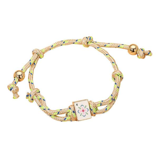 Mahjong Tile Charm Accent Knotted Cord Adjustable Cinch Pull Tie Bracelet: Gold,Ivory - Lulu Bella Boutique