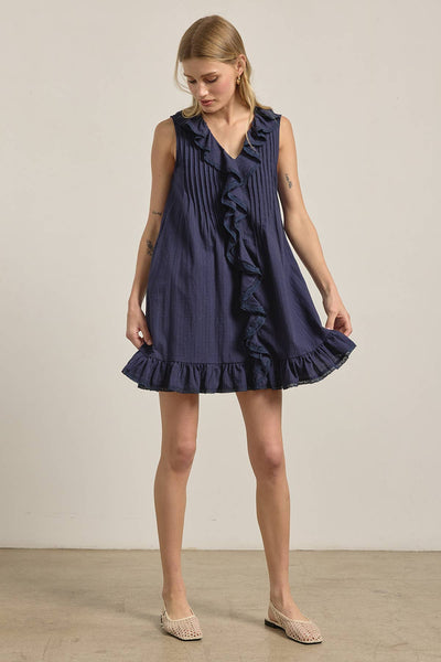 Ruffle Trim Pintuck Dress with Slip Lining - RD1276: NAVY / S-M-L (3-2-1) - Lulu Bella Boutique