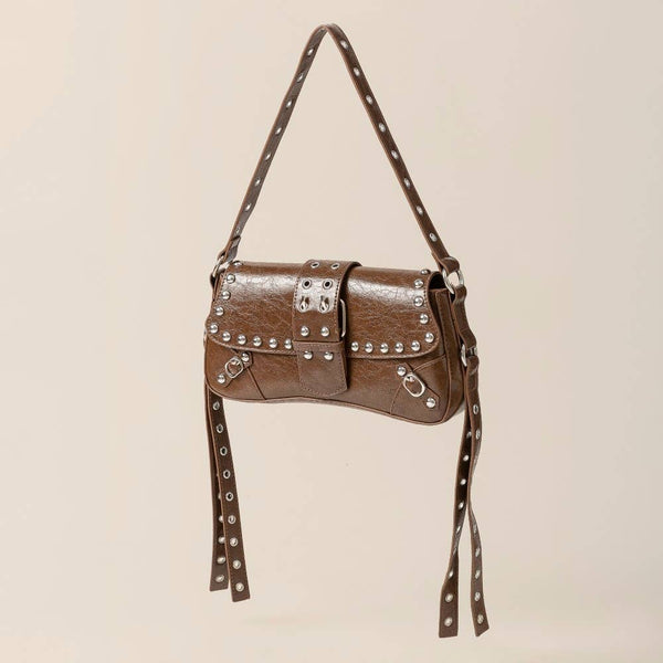 Glossy Leather Rivet Trim Shoulder Bag: SBK