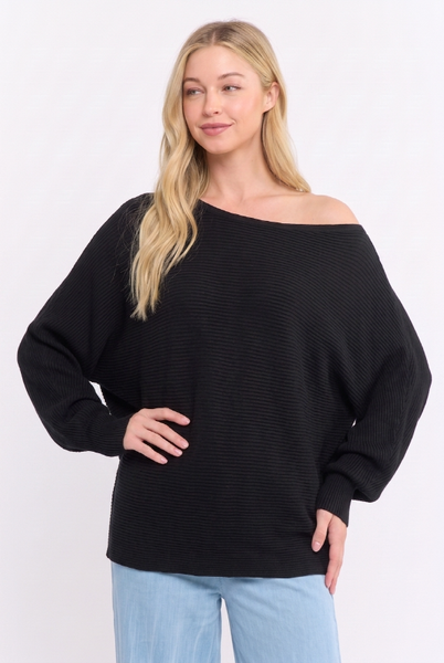 Ribbed Off-Shoulder Sweater: Black