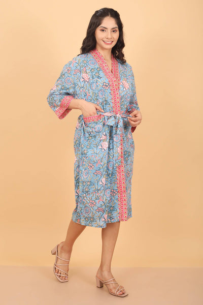 Boho Blue Cotton Kimono Robe, Floral Bridal & Maternity Gown - Lulu Bella Boutique