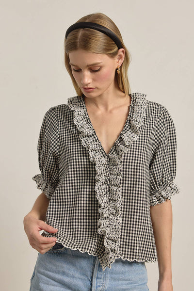 Gingham Lace Ruffle Blouse - RT1172: BLACK GINGHAM / S-M-L (3-2-1) - Lulu Bella Boutique