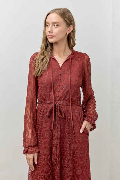 LONG SLEEVE LACE LONG MIDI DRESS: RED BROWN