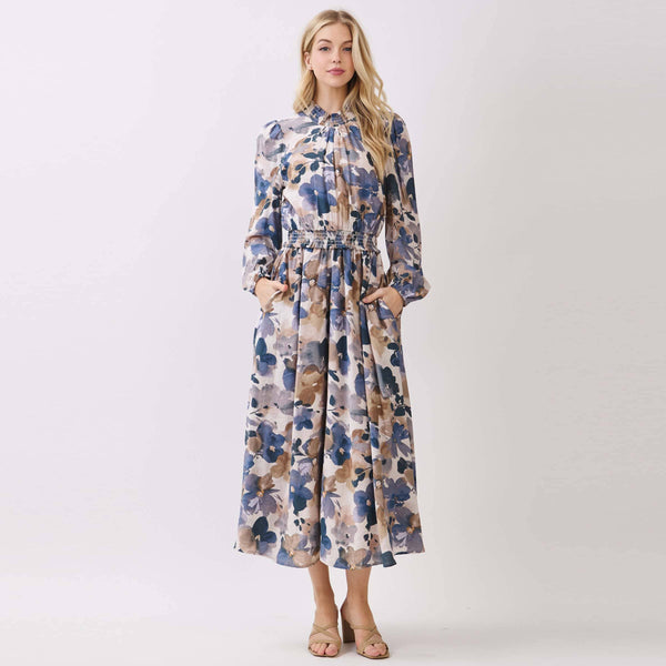 SMOCK NECK & WAIST RUFFLE MAXI FRONT SLIT DRESS: PURPLE BLUE