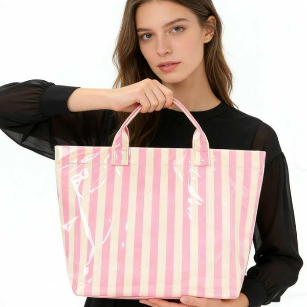 Large Striped Vinyl Tote Bags | 40P595: PINK GREEN - Lulu Bella Boutique