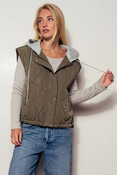 Quilted Western Hooded Vest : OLIVE