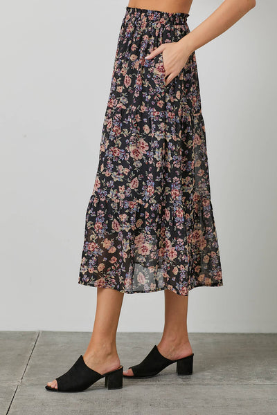 FLORAL PRINT BUTTON FRONT SKIRT: BLACK MULTI - Lulu Bella Boutique