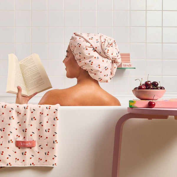 Satin-Lined Flexi Shower Cap - Cherry Print - Lulu Bella Boutique