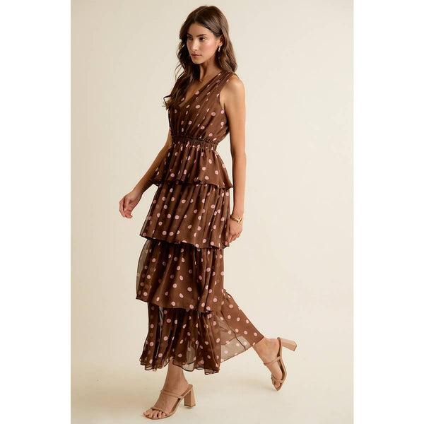POLKA DOT CHIFFON TIERED MAXI LINED SLEEVELESS DRESS: BROWN/PINK