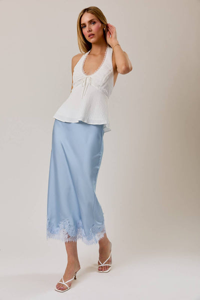 LACE APPLIQUE SATIN BIAS MIDI SKIRT: LT BLUE / S - Lulu Bella Boutique