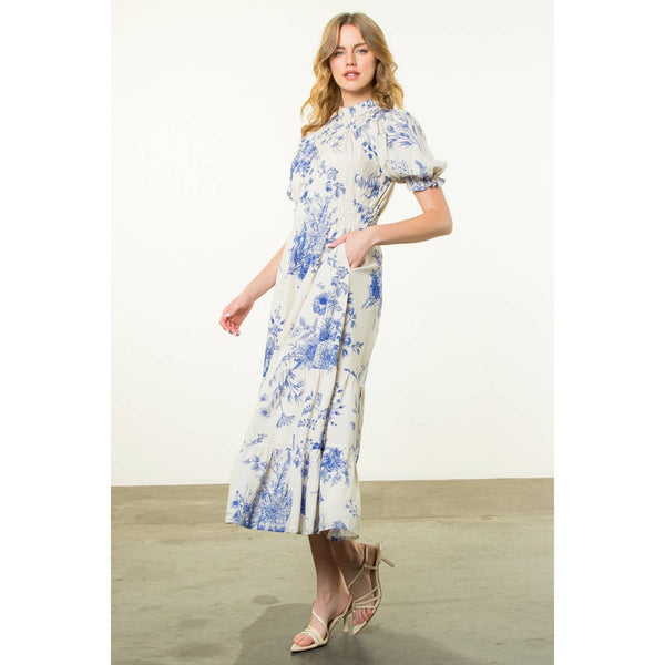 Floral Print Short Sleeve Maxi Dress: BLUE / XS-S-M-L(1-2-2-1) - Lulu Bella Boutique