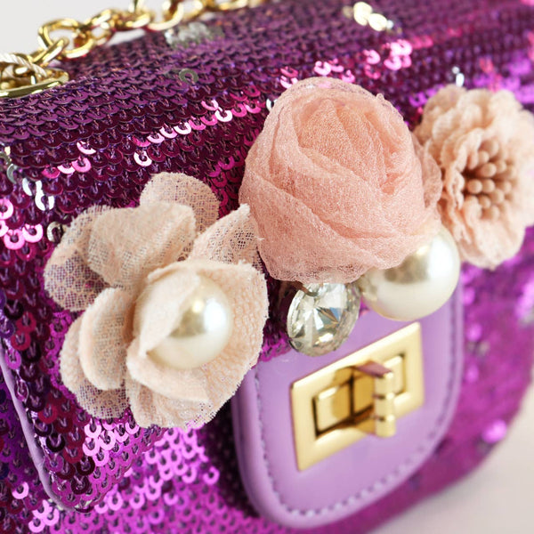 B1301 Floral Appliques Sequin Purse (5 Colors): Purple