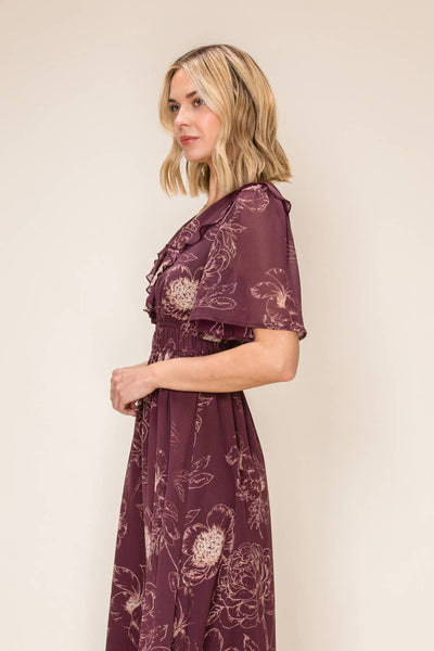 Ruffled V-Neck Midi Dress: Burgundy