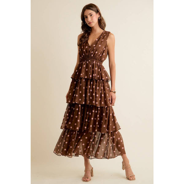 POLKA DOT CHIFFON TIERED MAXI LINED SLEEVELESS DRESS: BROWN/PINK