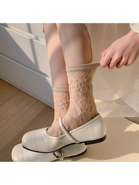 Elegant Bloom Sheer Lace Socks: Khaki