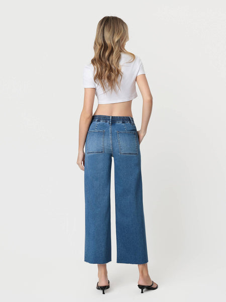 HIGH RISE SUPER SOFT FABRIC DRAWSTRING BAGGY WIDE JEANS