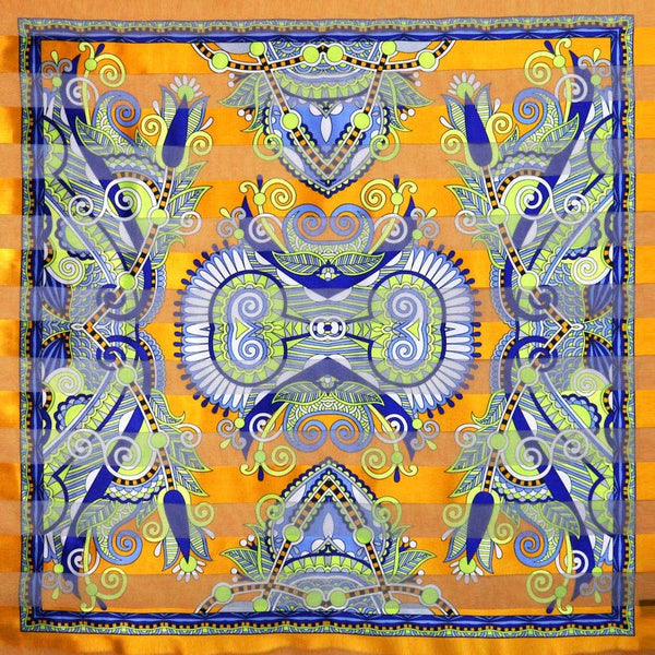 Silk Feel Abstract Paisley Print Square Scarf: Gold
