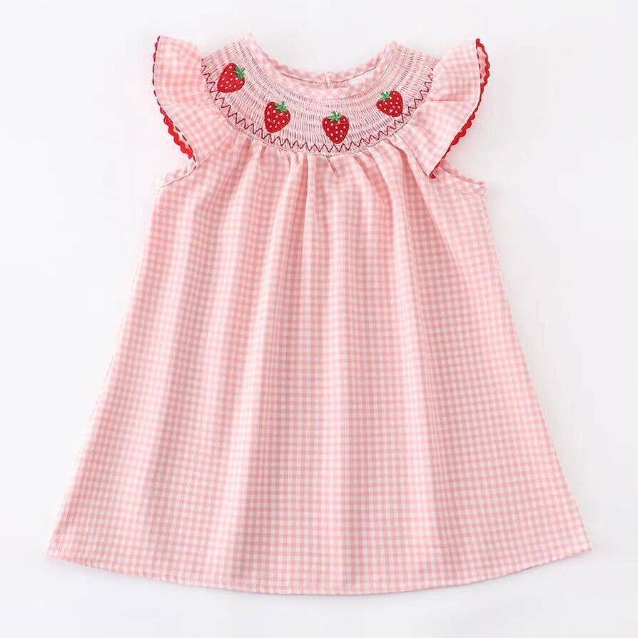Baby Girls Strawberry Embroidered Plaid Smocked Dress: 5 - Lulu Bella Boutique
