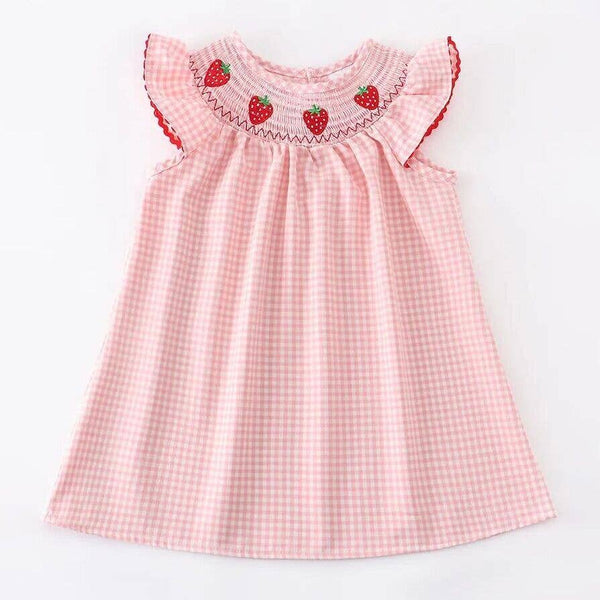 Baby Girls Strawberry Embroidered Plaid Smocked Dress: 5 - Lulu Bella Boutique