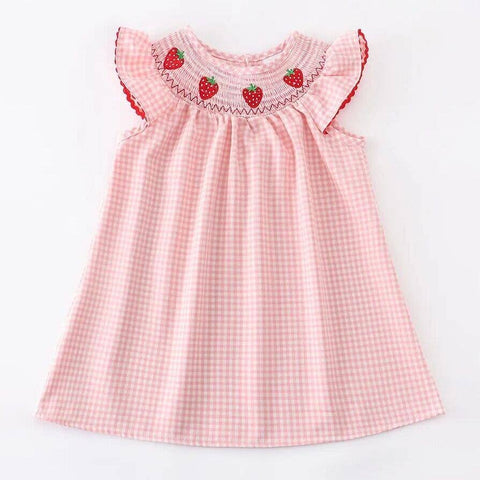 Baby Girls Strawberry Embroidered Plaid Smocked Dress: 5 - Lulu Bella Boutique
