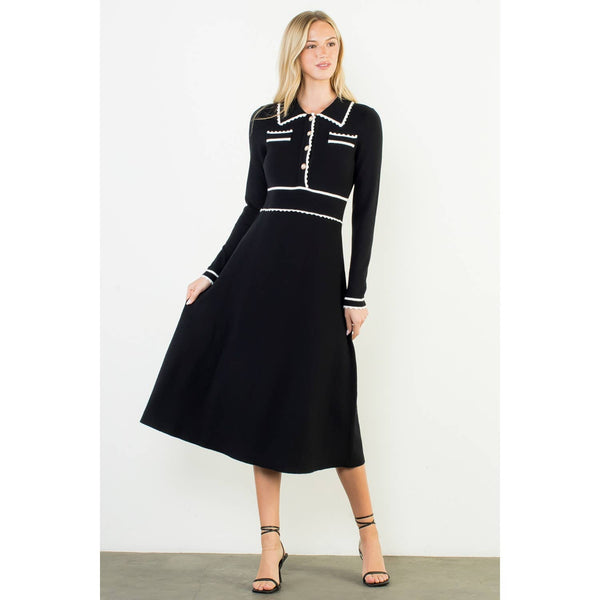 Long Sleeve Collared Knit Dress: BLACK