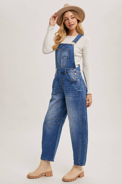 DENIM BARREL OVERALLS: MED.WASH / L