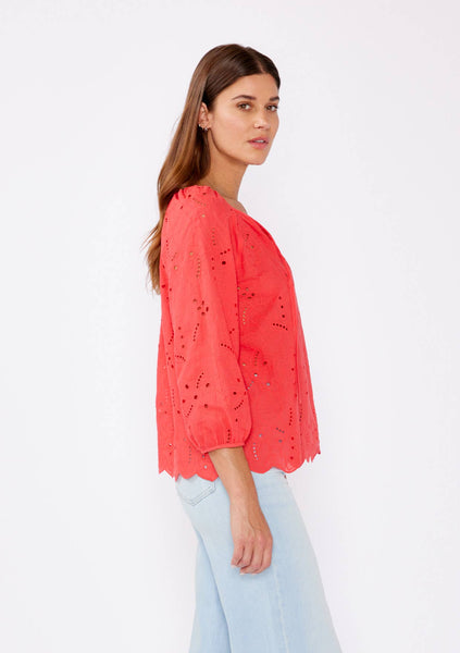 Raglan Long Sleeve Blouse with Floral Eyelet Details: Coral / M