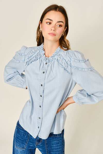 RUFFLES LONG SLEEVE CHAMBRAY TOP: LT DENIM