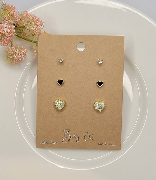 MINI CZ HEART DESIGN 3 PAIR SET POST EARRINGS.: GOLD - Lulu Bella Boutique