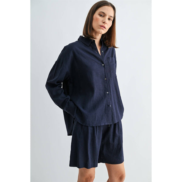 LINEN DROP SHOULDER SHIRT: Navy / S-M-L(2-2-2) - Lulu Bella Boutique