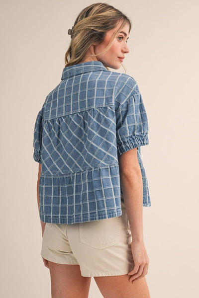 CHECKERED DENIM BUTTON DOWN TOP MTP4657: LIGHT DENIMBLUE / S - Lulu Bella Boutique